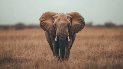 Fototapeta premium Majestic elephant facing the camera in a savanna.