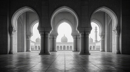 Grand Mosque Courtyard: A Serene Grayscale Architectural Scene
