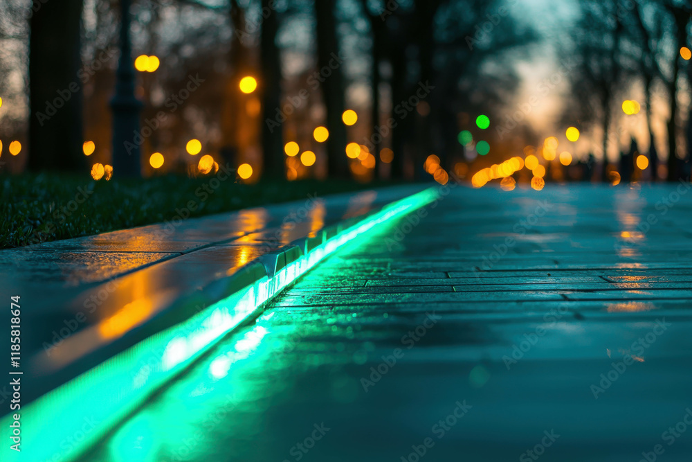 Poster green light effect on wet pavement with bokeh background at dusk