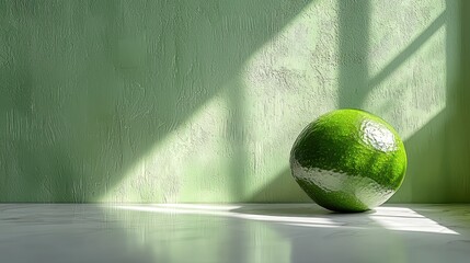 Green Sphere in Sunlit Room with Textured Green Wall