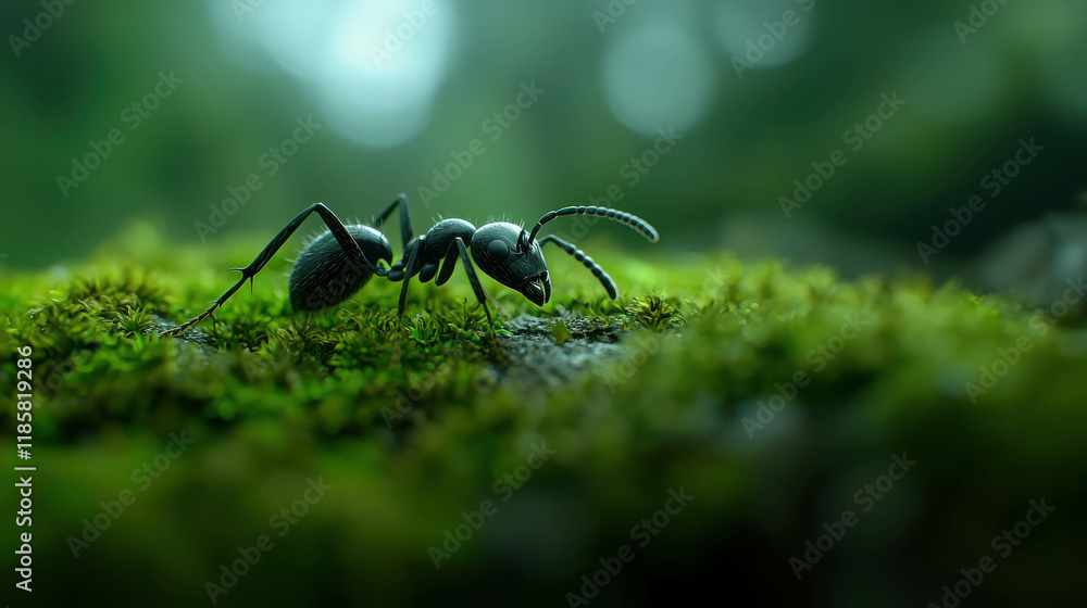 Poster detailed macro image of ant navigating across soft green moss surface