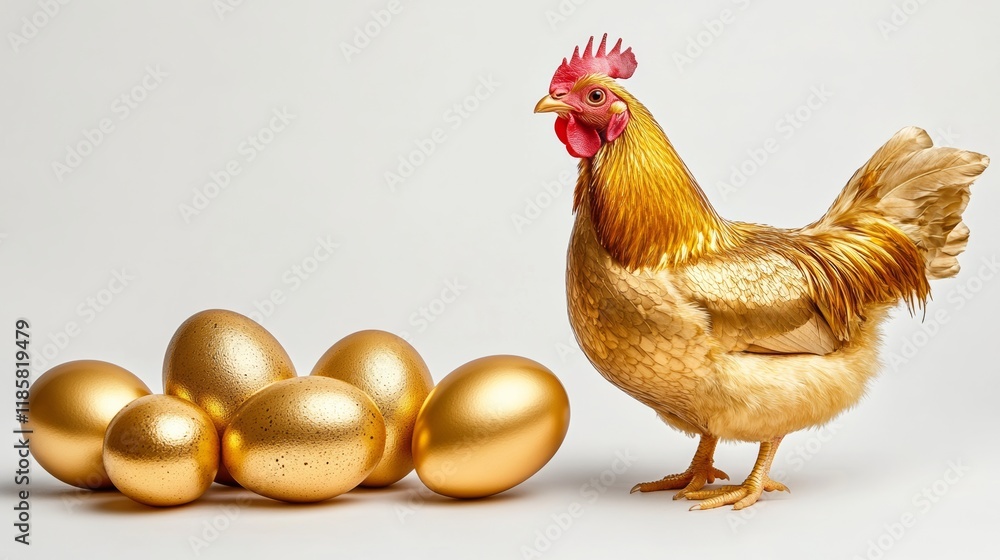 Poster chicken stands in front of a pile of gold eggs. the eggs are arranged in a pyramid shape, with the l