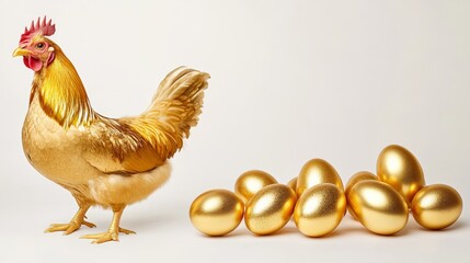Chicken stands in front of a pile of gold eggs. The chicken is gold and has a red comb. Concept of abundance and prosperity