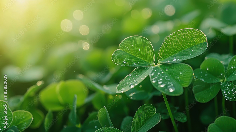 Aufkleber macro shot of clover patch with dew drops glowing in soft natural light