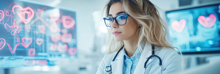 A female physician attentively reviewing medical data displayed on monitors showcasing heart-related information.