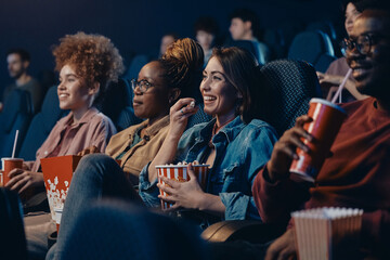 Happy woman eating popcorn during movie projection at cinema.