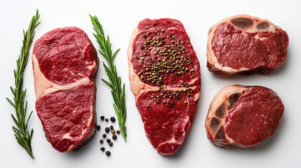 Close up of four different cuts of meat, including a ribeye steak, with a sprig of rosemary on top