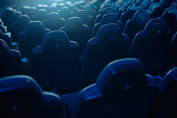 Large group of seats at cinema without people.