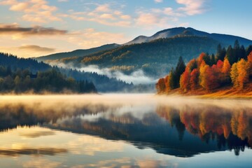 Stunning sunrise over a tranquil lake reflecting colorful autumn foliage and misty mountain peaks