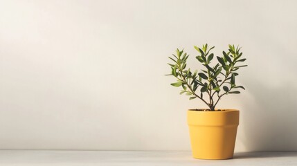 Small green plant in a yellow pot against a white wall.