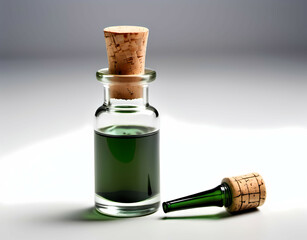 A small vial of herbal tincture, with a simple cork stopper, filled with dark green liquid. Medicine, health. Generative AI