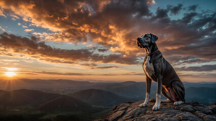 Naklejka premium Majestic Dog Standing on a Rock at Sunset with Vibrant Sky