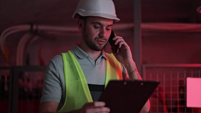 Serious man in uniform and helmet makes notes on clipboard while talking on phone. Industrial building interior. Flashing red light. System failure, danger