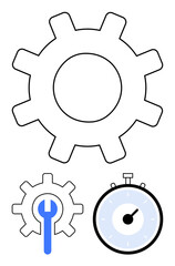 Large gear smaller gear with blue wrench and stopwatch. Ideal for efficiency, time management, maintenance, optimization, precision, productivity, technical processes. Line metaphor