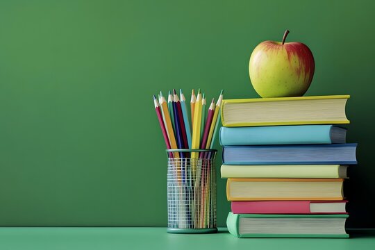 Classroom Apple, books, pencils, green background, education