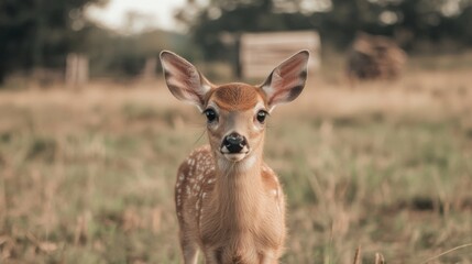 Fototapeta premium Adorable fawn standing in a grassy field, looking directly at the camera.