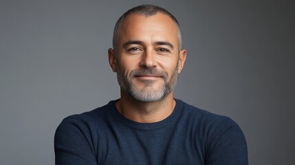 Man with a beard and gray hair is smiling for the camera. He is wearing a blue shirt and a gray hat