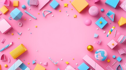 Colorful geometric shapes and objects arranged on pink background