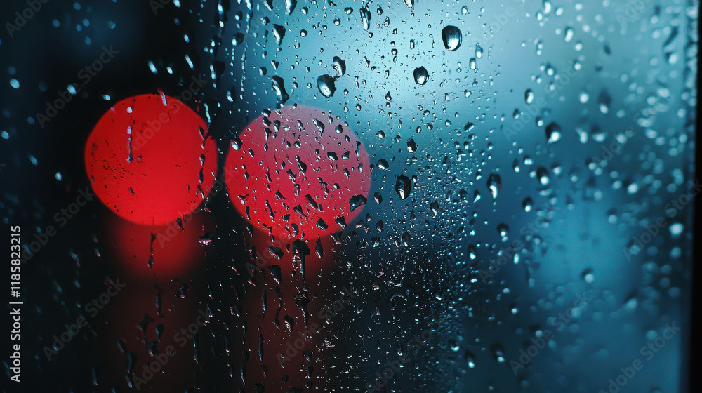Poster raindrops on glass with colorful bokeh effect in soft focus background