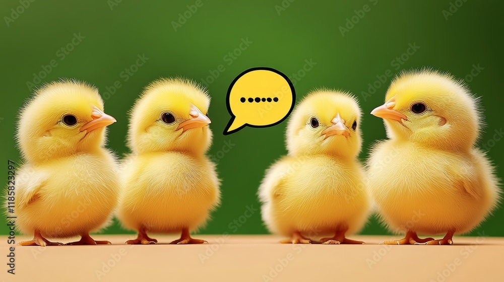 Poster four baby chicks standing in a row and one of them is talking. the image has a playful and lighthear