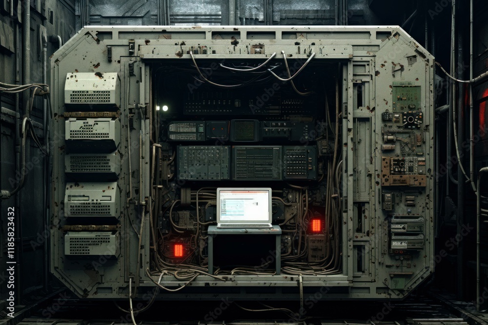 Poster futuristic server room with complex network infrastructure managing and processing data