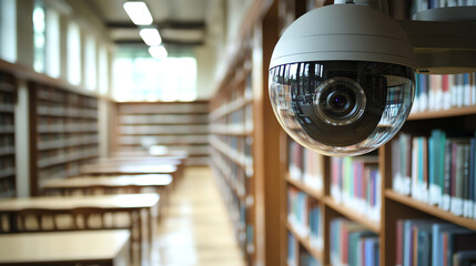 Dome camera in library corridor. Shows educational facility security and book collection protection.