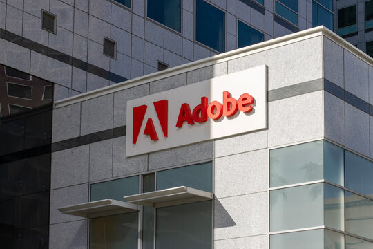 San Jose, CA, USA - Nov 28, 2024: Adobe logo is seen at the company's headquarters in downtown San Jose, California. Adobe, Inc. is an American computer software company.