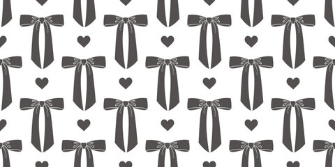 Ribbon bow seamless pattern. Cute vintage hair bowknots background with hearts. Girly trendy design with flirtatious accessories for holiday and party decoration