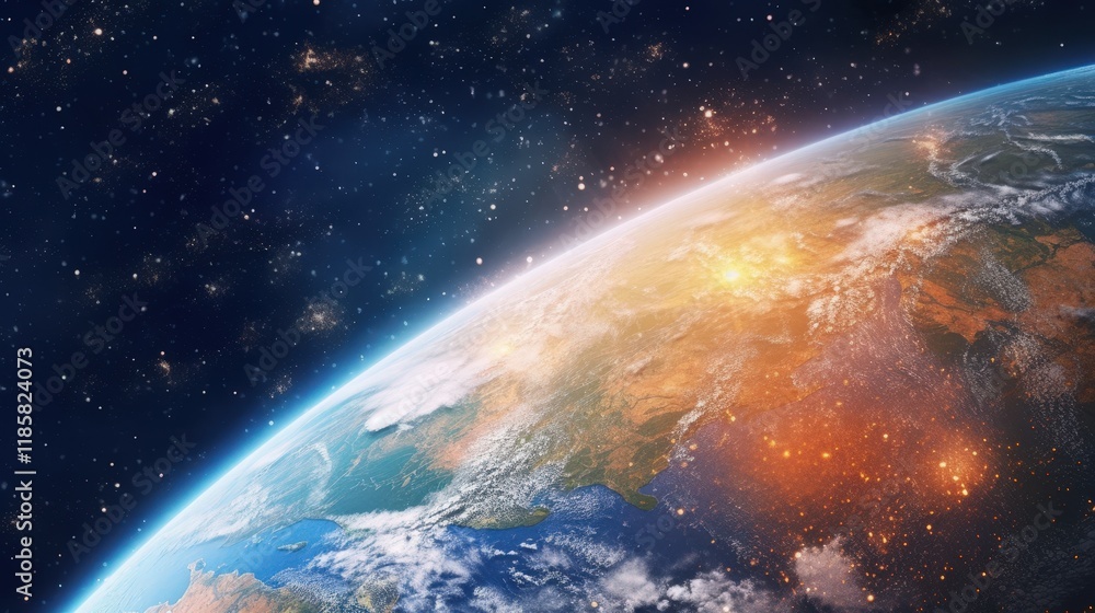 Poster stunning view of earth from outer space capturing the entire globe in high resolution with vibrant c
