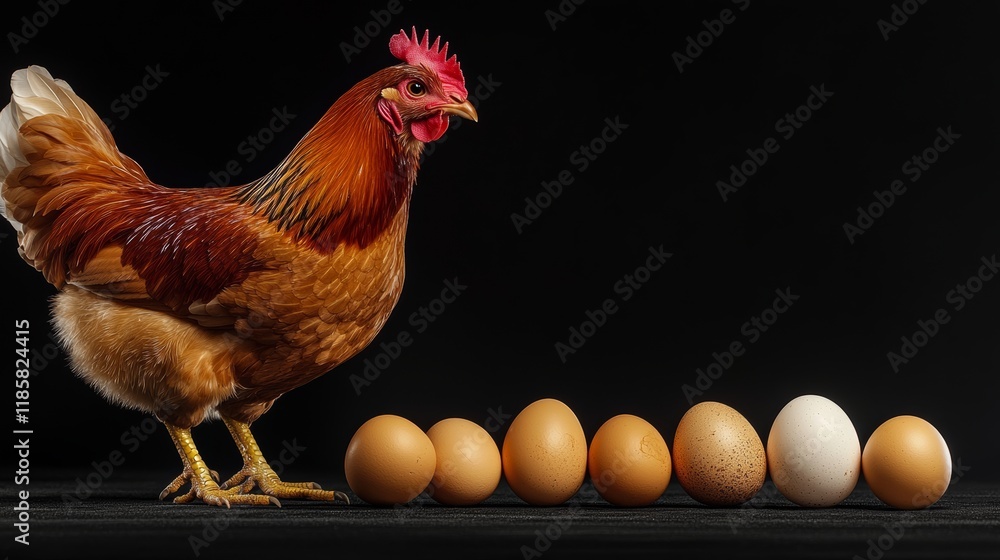 Poster chicken stands in front of a row of eggs. the eggs are of different sizes and colors, with some bein