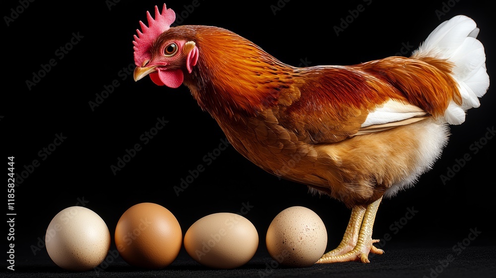 Poster chicken stands in front of four eggs. the eggs are all different sizes and colors, with one being la