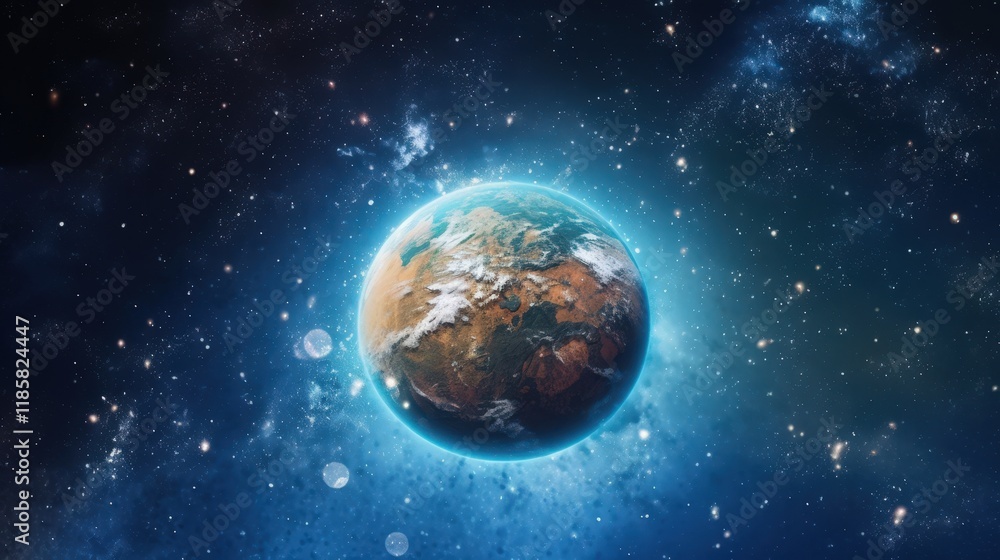 Poster stunning view of the entire globe from outer space against a starry background with bright solar fla