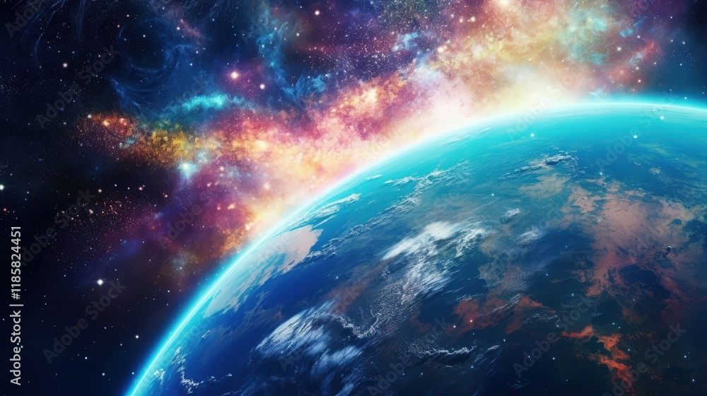 Poster stunning view of earth from outer space against a colorful cosmic background with stars and galaxies