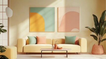 Sunny living room, pastel sofa, abstract art, plants, minimalist design