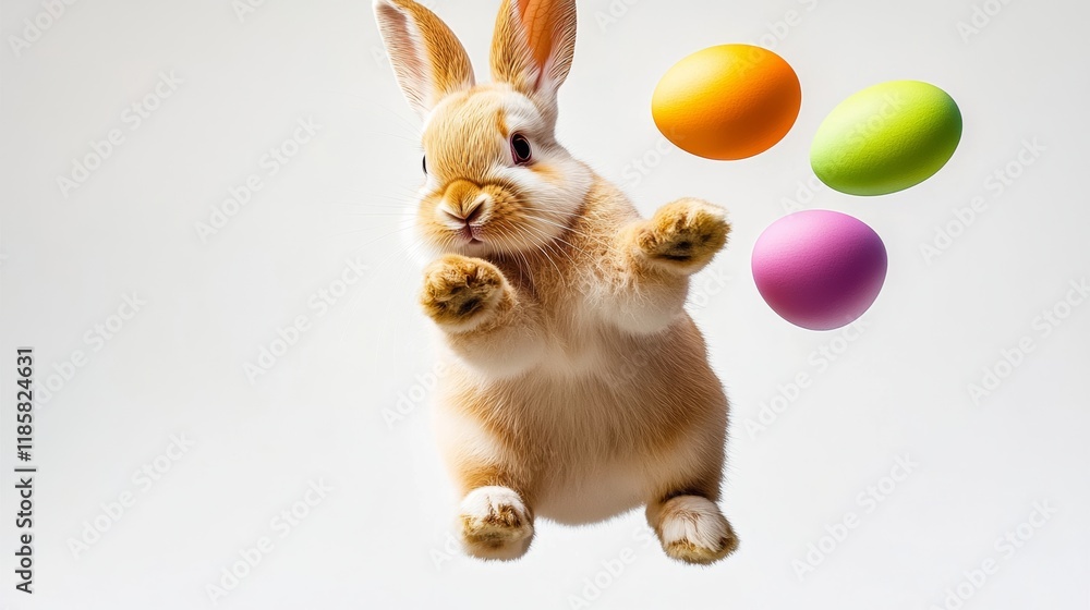 Poster rabbit is jumping in the air with three eggs in its mouth. concept of playfulness and joy, as the ra
