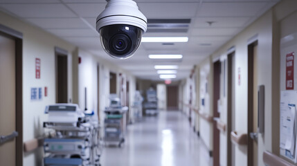 Security camera in hospital corridor. Shows healthcare facility surveillance and patient safety monitoring systems.