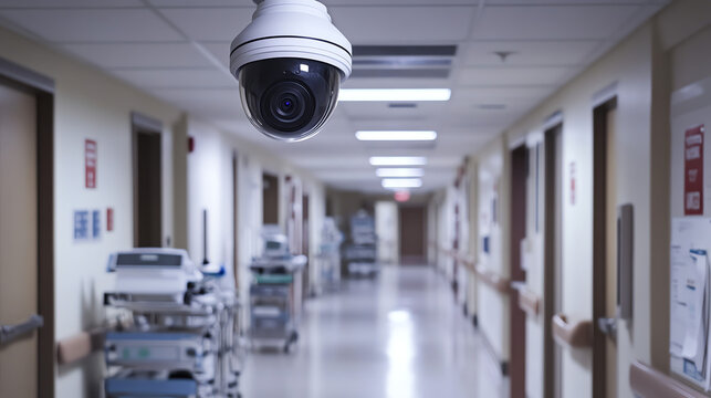 Security camera in hospital corridor. Shows healthcare facility surveillance and patient safety monitoring systems. - Powered by Adobe