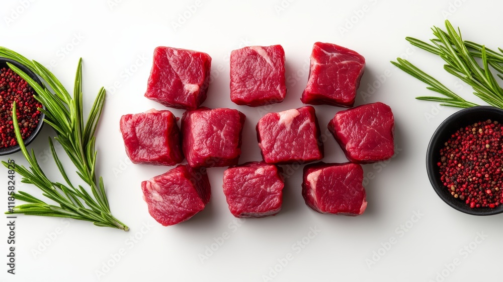 Poster close up of a slab of meat with a bunch of herbs and spices on the side. the meat is cut into small 