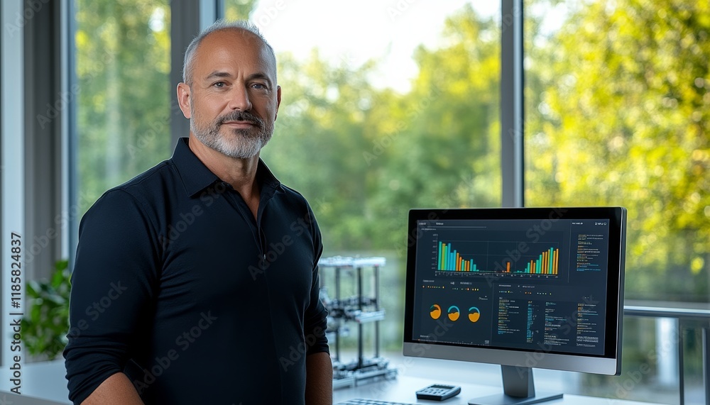 Aufkleber man stands in front of a computer monitor with a graph on it. he is wearing a black shirt and he is 