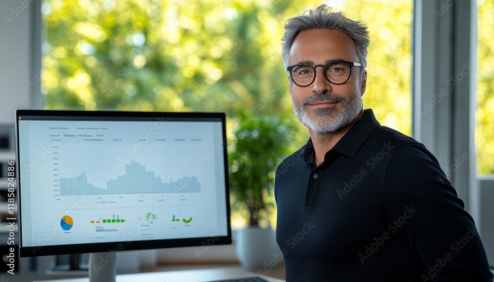 Poster man is sitting in front of a computer monitor with a smile on his face. he is wearing glasses and a 