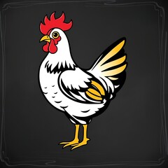 White hen with yellow accents on dark background.