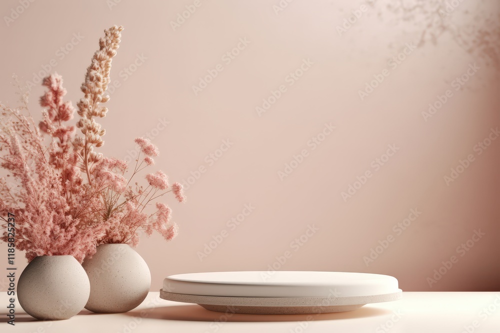 Aufkleber elegant alabaster white podium displaying decorative elements in an empty space with soft floral arr