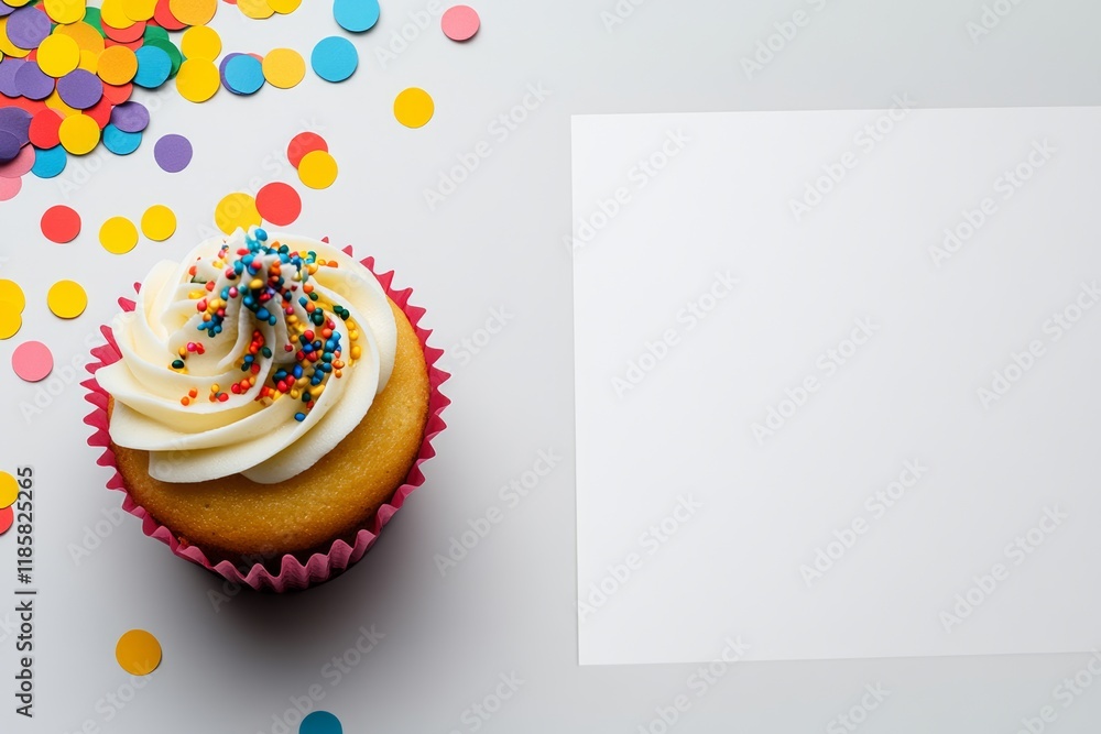 Poster cupcake with colorful sprinkles on top is placed on a table next to a blank piece of paper. the cupc