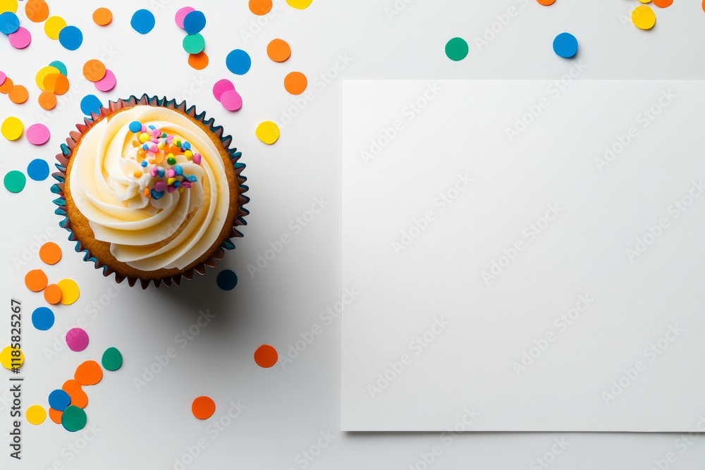 Aufkleber cupcake with colorful sprinkles on top is placed on a table next to a blank piece of paper. the cupc