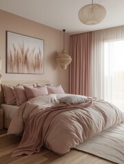Elegant Bedroom Design Featuring Neutral Tones and Pampas Grass Artwork