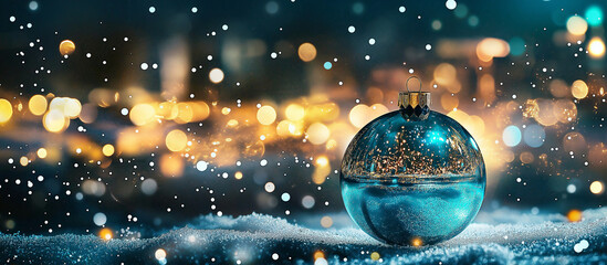 Fototapeta premium Digital Illustration of a Blue Transparent Christmas Bauble with Sparkling White Dots on a Snowy Landscape – Festive and Wintery Holiday Scene with Bokeh Lights