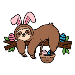 Fototapeta premium Easter Sloth with Bunny Ears and Basket Illustration