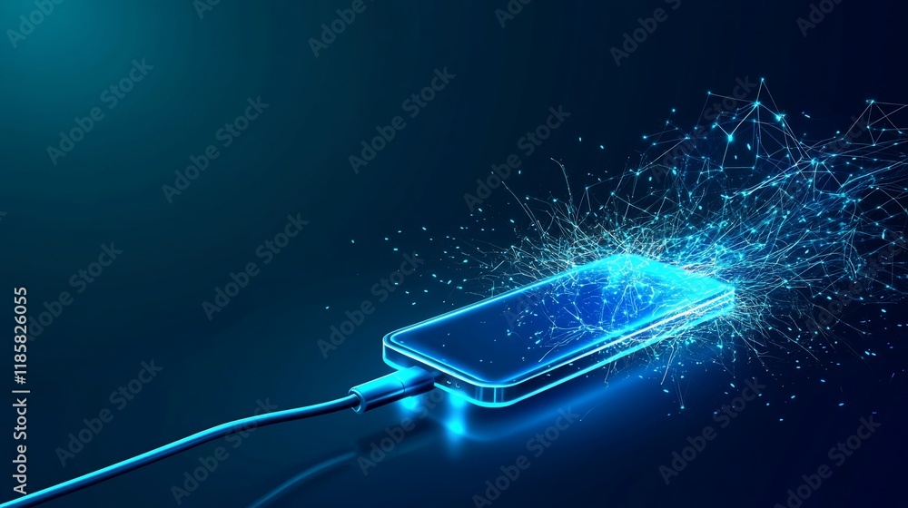 Poster digital connectivity: a glowing smartphone charging with abstract data burst