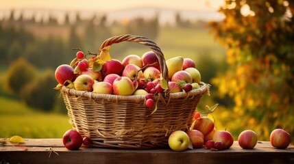 Bounty of Autumn Fruits in a Rustic Basket Set Against a Scenic Rural Farm Landscape at Golden Hour