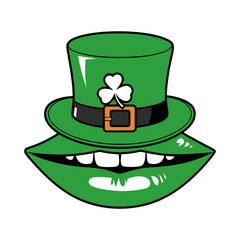 Green Lips with Leprechaun Hat and Shamrock Illustration